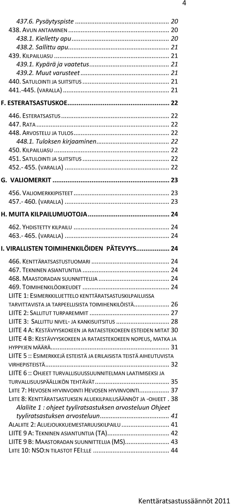 KILPAILUASU... 22 451. SATULOINTI JA SUITSITUS... 22 452.- 455. (VARALLA)... 22 G. VALIOMERKIT... 23 456. VALIOMERKKIPISTEET... 23 457.- 460. (VARALLA)... 23 H. MUITA KILPAILUMUOTOJA... 24 462.