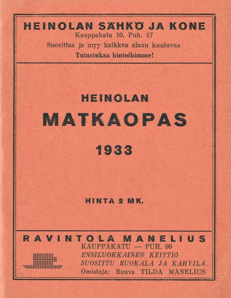 HEINOLAN MATKAOPAS 1933 HINTA 2 MK.