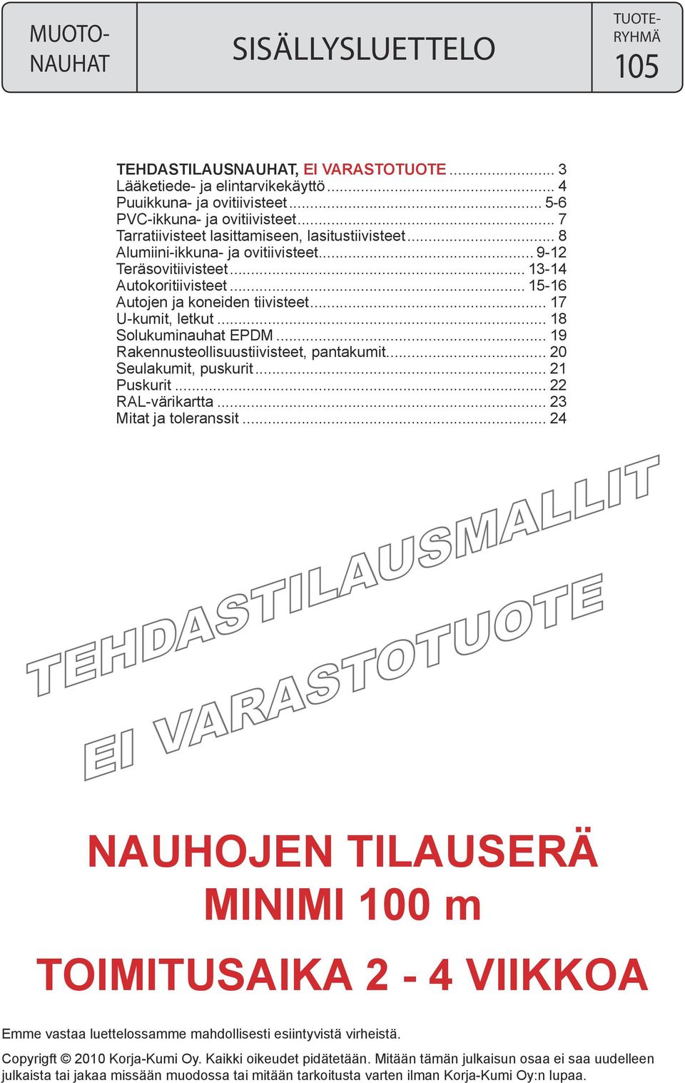 . U-kumit, letkut... 18.. Solukuminauhat EPDM... 19.. Rakennusteollisuustiivisteet, pantakumit... 20 Seulakumit, puskurit... 21.. Puskurit... 22 RAL-värikartta... 23.. Mitat ja toleranssit.