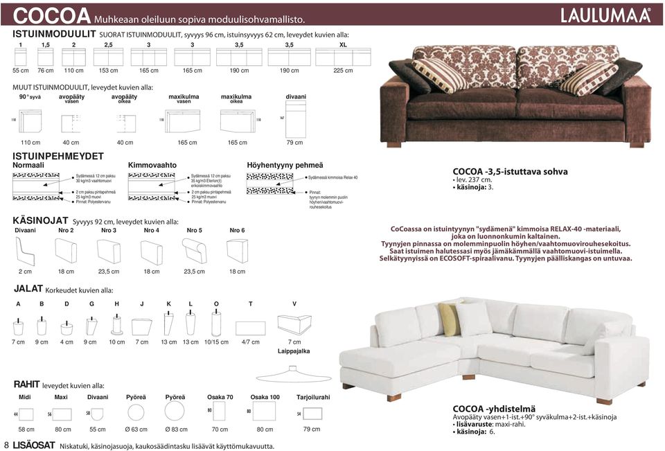 ISTUINMODUULIT, leveydet kuvien alla: 90 syvä avopääty vasen avopääty oikea maxikulma vasen maxikulma oikea divaani 110 cm ISTUINPEHMEYDET Normaali 40 cm 40 cm Sydämessä 12 cm paksu 30 kg/m3