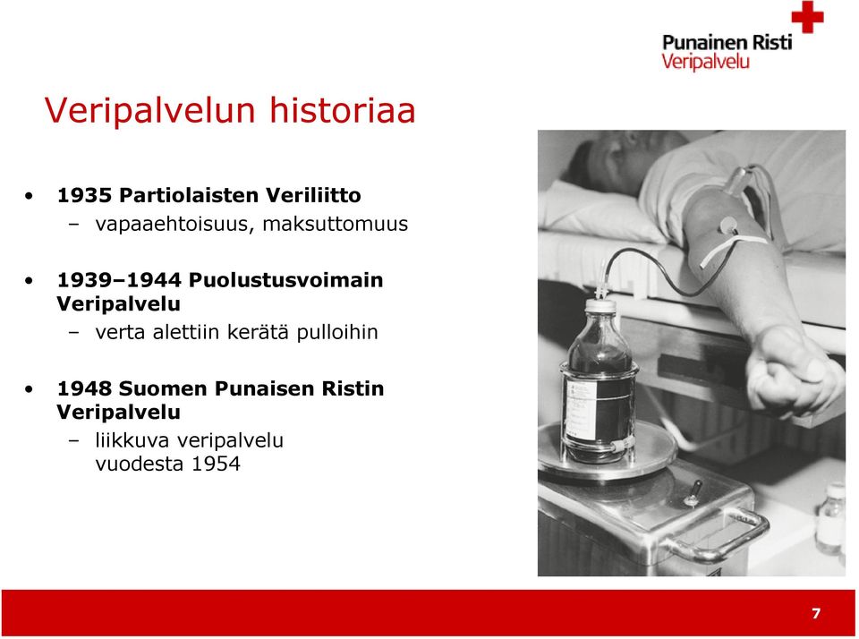 Veripalvelu verta alettiin kerätä pulloihin 1948 Suomen