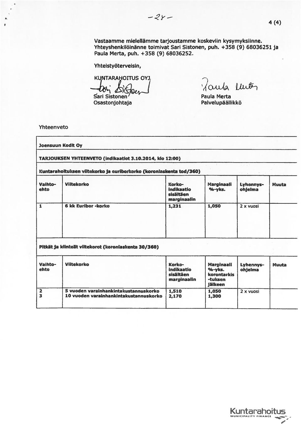 2014, klo 12:00) Kuntaraholtuksen viltekorko ja euriborkorko (koronlaskenta tod/360) Vaihto- Viitekorko Korko- Marginaall Lyhennys- Muuta ehto Indikaatio %-yks.