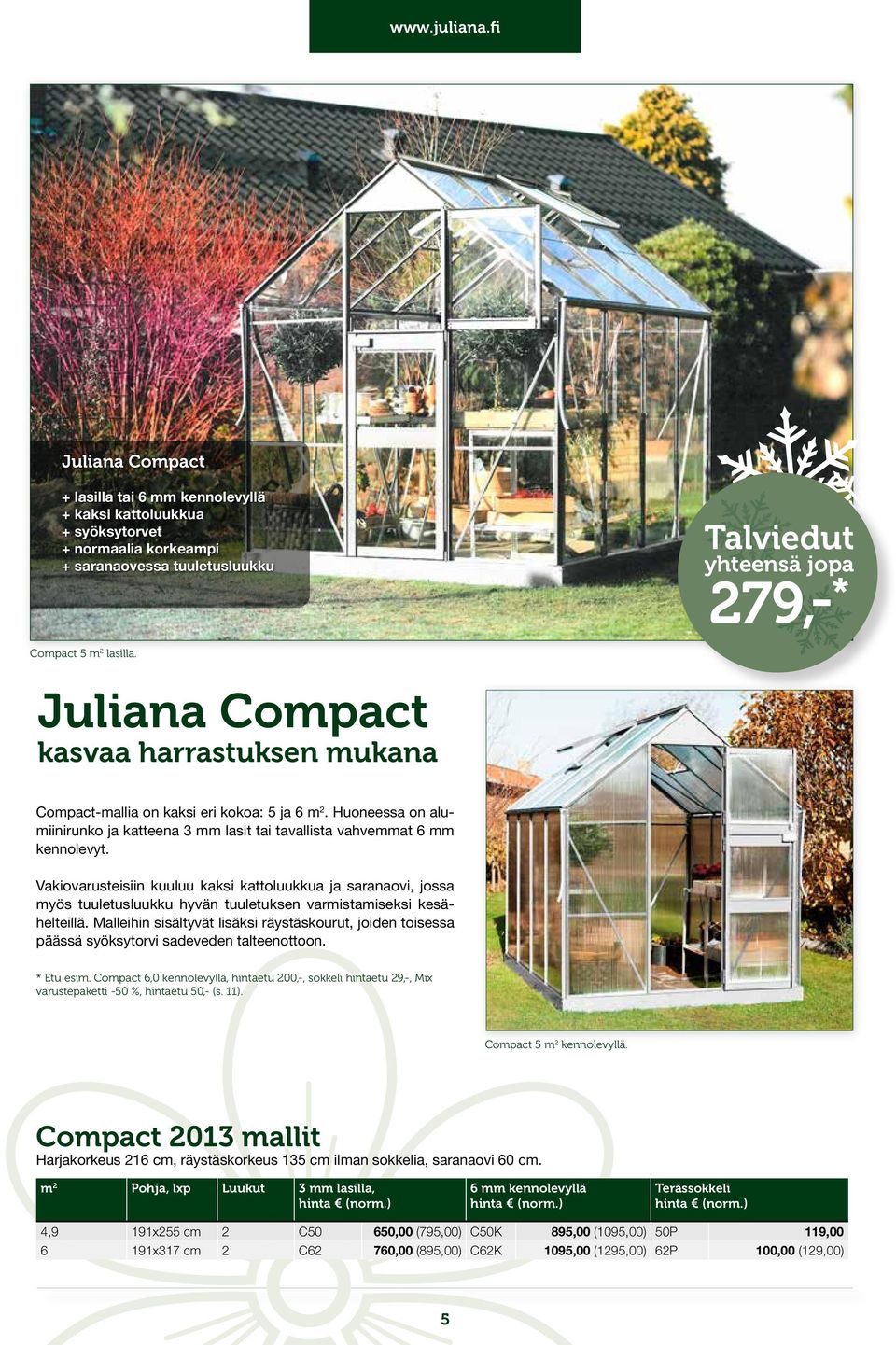 Juliana Compact kasvaa harrastuksen mukana Compact-mallia on kaksi eri kokoa: 5 ja 6 m 2. Huoneessa on alumiinirunko ja katteena 3 mm lasit tai tavallista vahvemmat 6 mm kennolevyt.