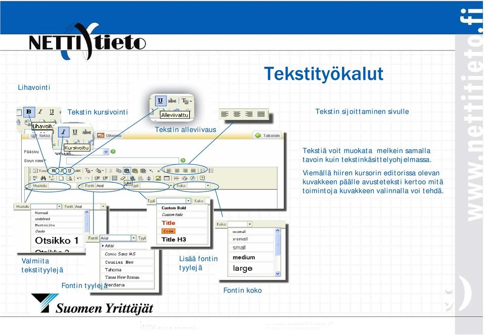 Viemällä hiiren kursorin editorissa olevan kuvakkeen päälle avusteteksti kertoo mitä