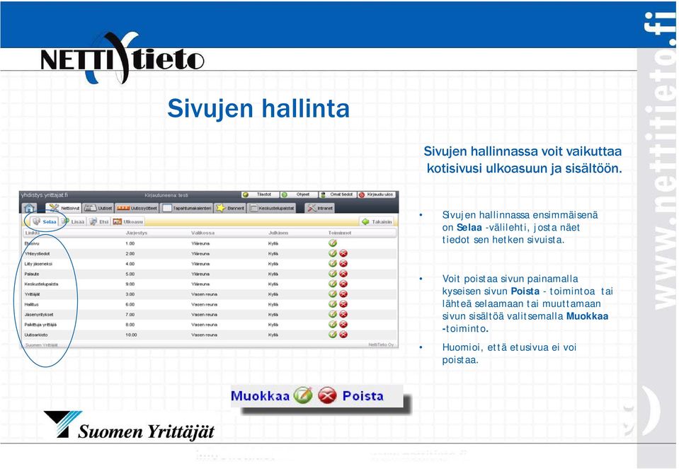 Voit poistaa sivun painamalla kyseisen sivun Poista - toimintoa tai lähteä selaamaan tai