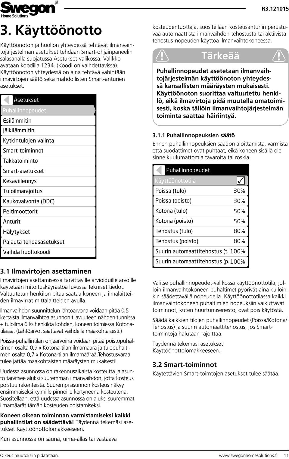 Asetukset Puhallinnopeudet Esilämmitin Jälkilämmitin Kytkintulojen valinta Smart-toiminnot Takkatoiminto Smart-asetukset Kesäviilennys Tuloilmarajoitus Kaukovalvonta (DDC) Peltimoottorit Anturit