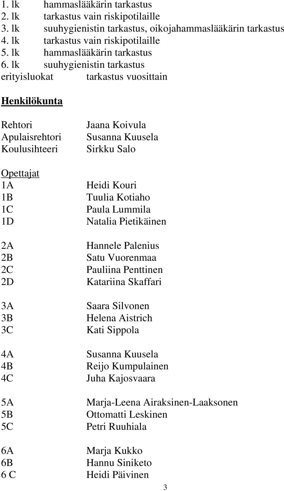 lk suuhygienistin tarkastus erityisluokat tarkastus vuosittain Henkilökunta Rehtori Apulaisrehtori Koulusihteeri Opettajat 1A 1B 1C 1D 2A 2B 2C 2D 3A 3B 3C 4A 4B 4C 5A 5B 5C Jaana Koivula