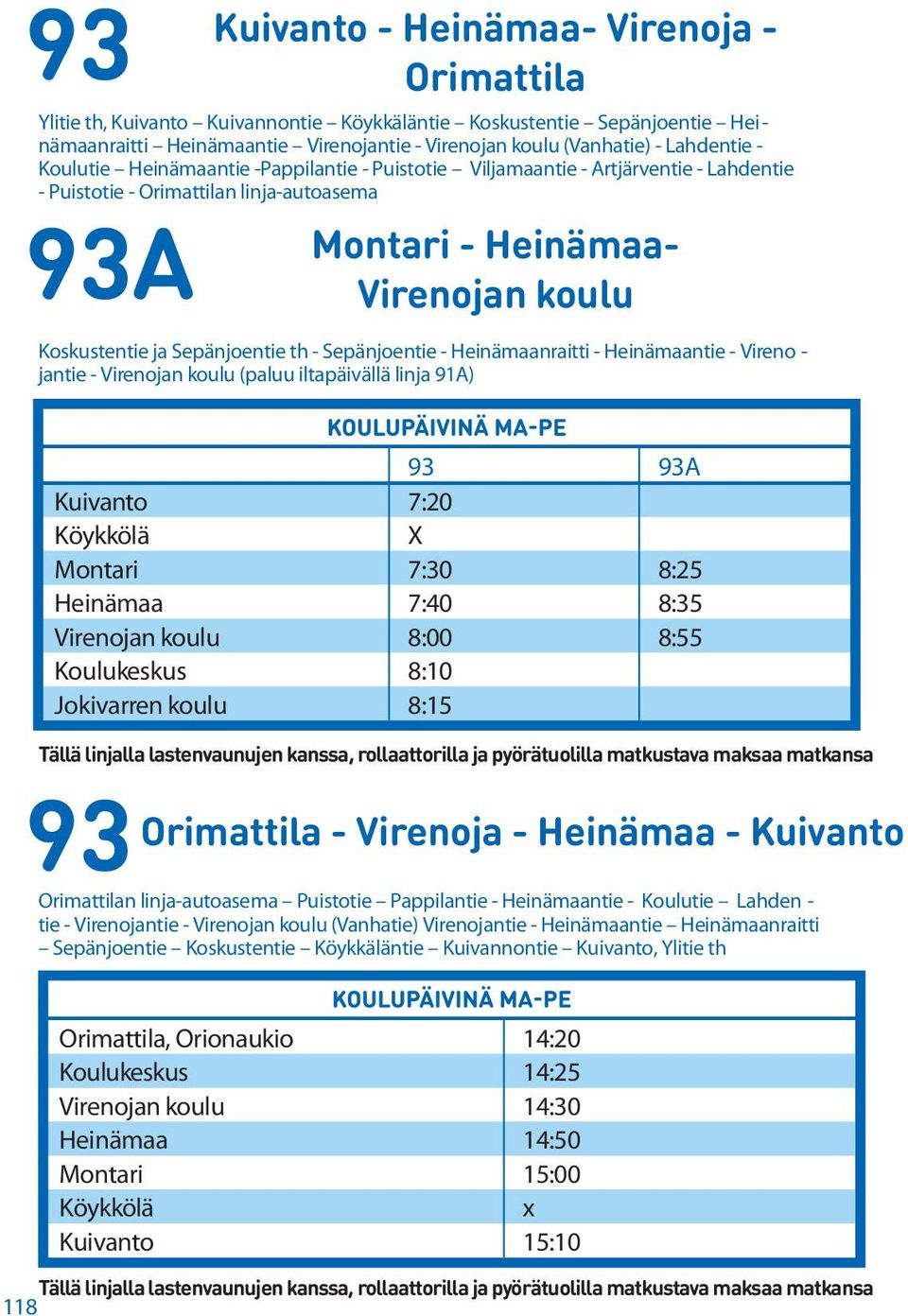 Sepänjoentie th - Sepänjoentie - Heinämaanraitti - Heinämaantie - Vireno - jantie - Virenojan koulu (paluu iltapäivällä linja 91A) 93 93A Kuivanto 7:20 Köykkölä Montari 7:30 8:25 Heinämaa 7:40 8:35