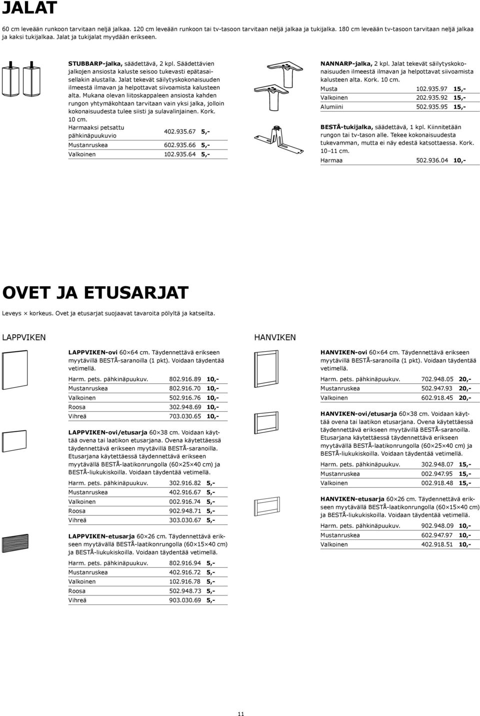 Jalat tekevät säilytyskokonaisuuden ilmeestä ilmavan ja helpottavat siivoamista kalusteen alta.