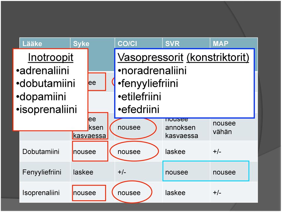 (konstriktorit) noradrenaliini fenyyliefriini etilefriini efedriini nousee nousee annoksen kasvaessa Dobutamiini