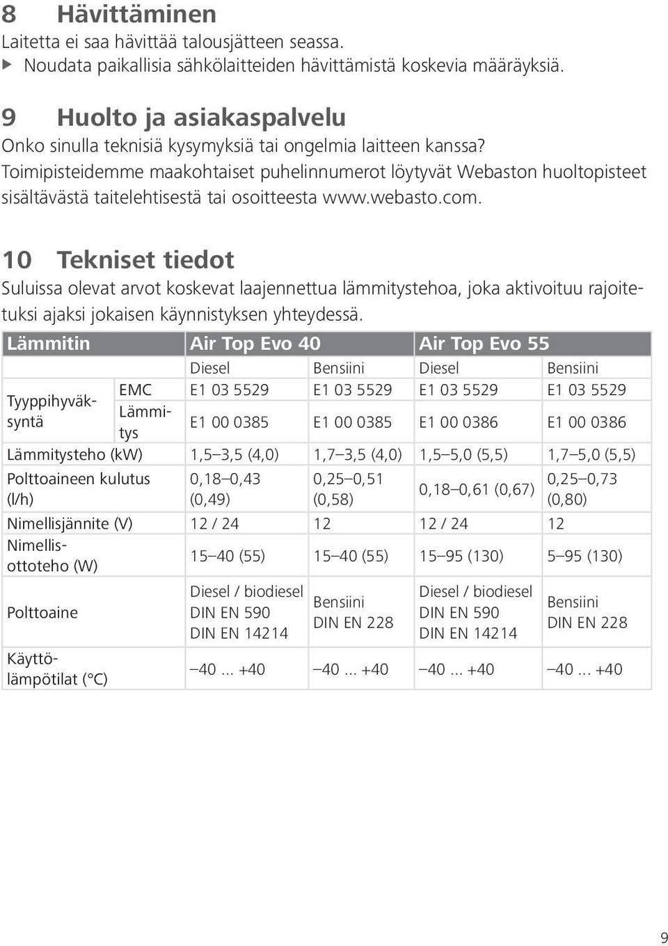 Toimipisteidemme maakohtaiset puhelinnumerot löytyvät Webaston huoltopisteet sisältävästä taitelehtisestä tai osoitteesta www.webasto.com.