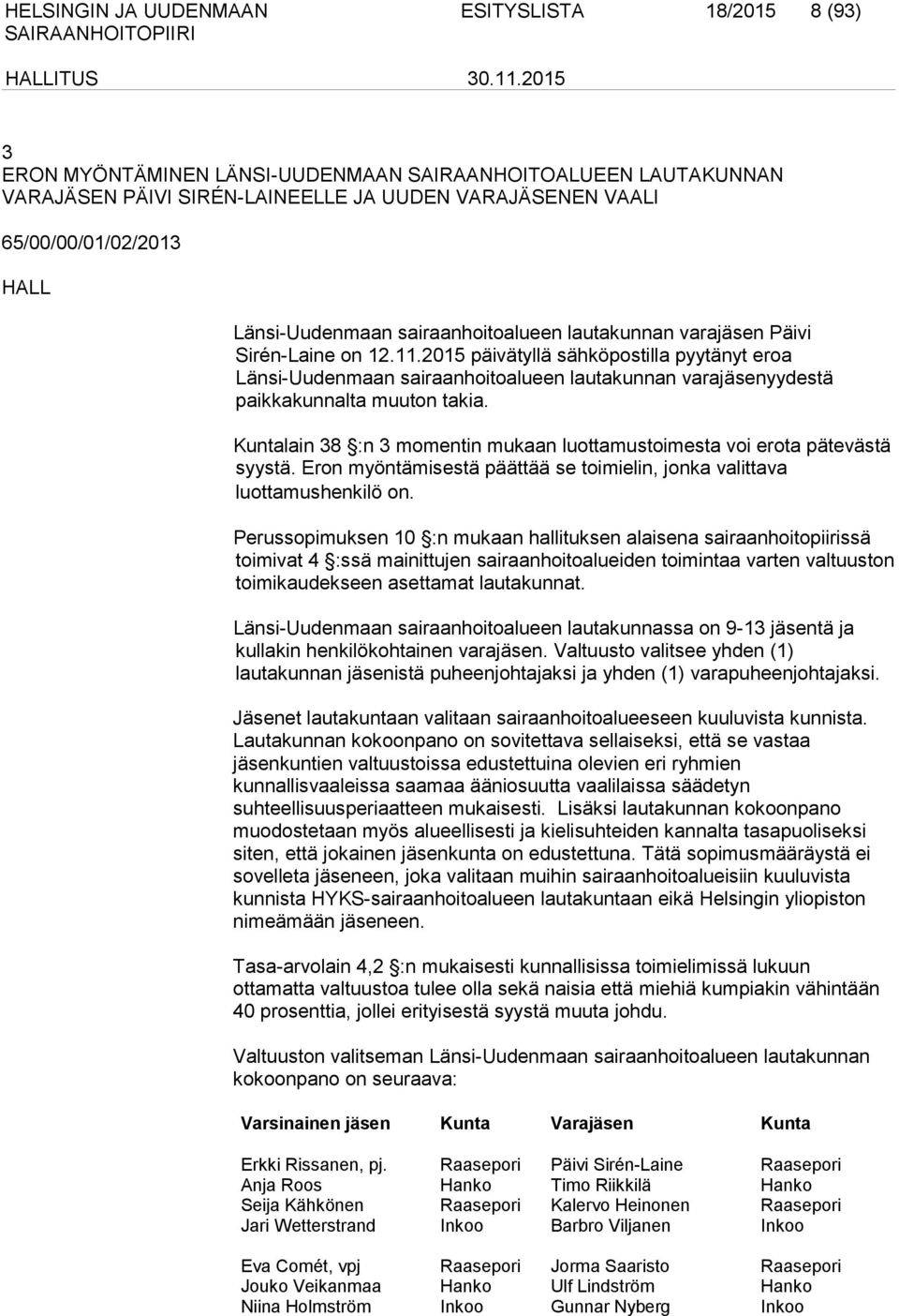 2015 päivätyllä sähköpostilla pyytänyt eroa Länsi-Uudenmaan sairaanhoitoalueen lautakunnan varajäsenyydestä paikkakunnalta muuton takia.