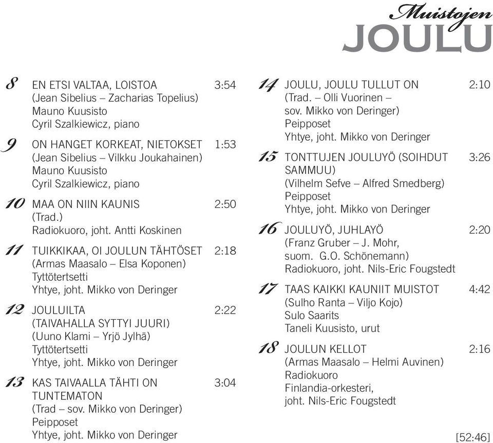 Mikko von Deringer 12 jouluilta (Taivahalla SyTTyi juuri) (uuno Klami yrjö jylhä) Tyttötertsetti yhtye, joht. Mikko von Deringer 13 KaS Taivaalla TähTi on TunTeMaTon (Trad sov.