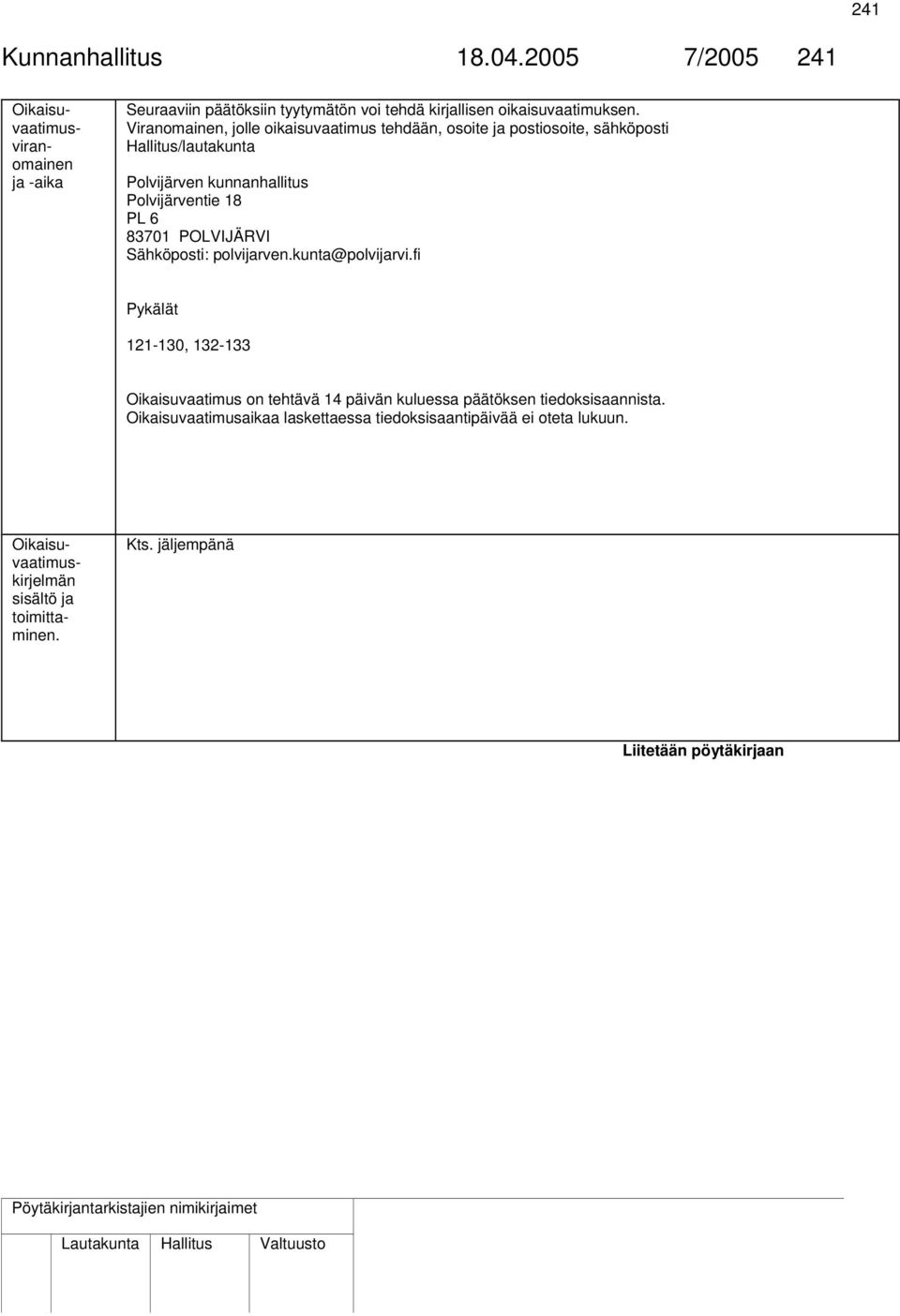 POLVIJÄRVI Sähköposti: polvijarven.kunta@polvijarvi.fi Pykälät 121-130, 132-133 Oikaisuvaatimus on tehtävä 14 päivän kuluessa päätöksen tiedoksisaannista.