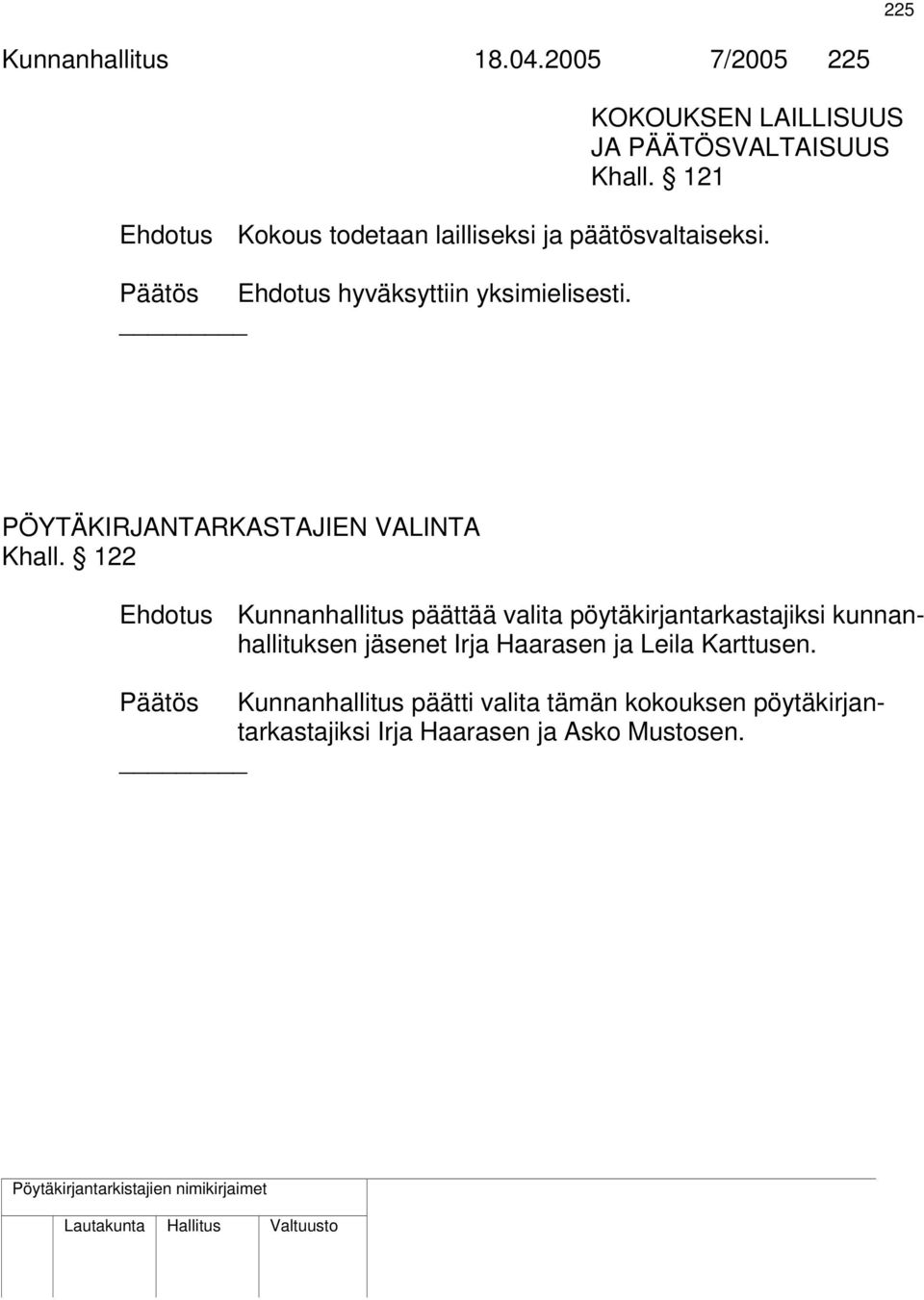 PÖYTÄKIRJANTARKASTAJIEN VALINTA Khall.