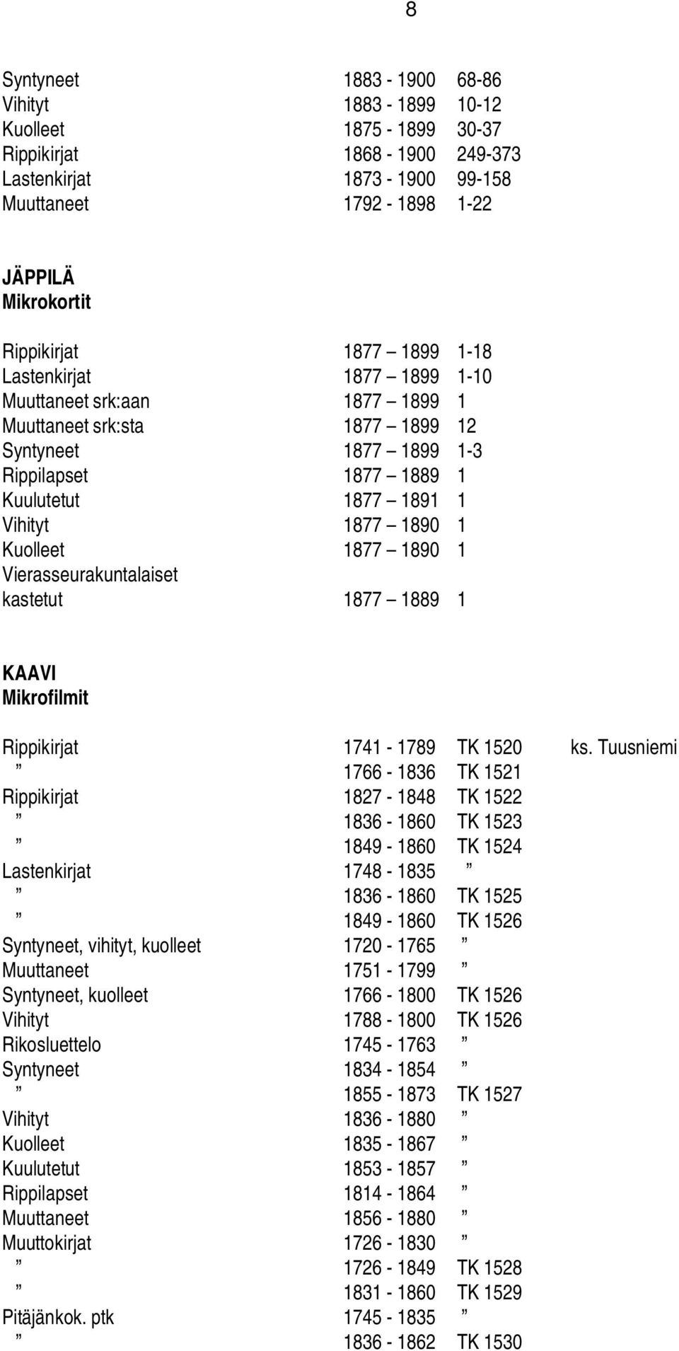 1890 1 Vierasseurakuntalaiset kastetut 1877 1889 1 KAAVI Rippikirjat 1741-1789 TK 1520 ks.