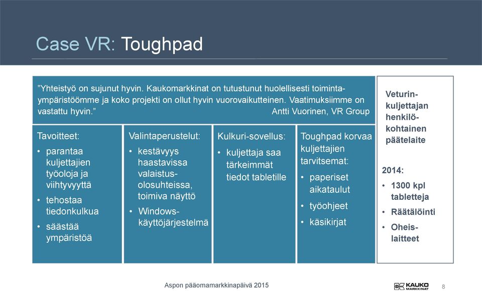 Antti Vuorinen, VR Group Tavoitteet: parantaa kuljettajien työoloja ja viihtyvyyttä tehostaa tiedonkulkua säästää ympäristöä Valintaperustelut: kestävyys haastavissa