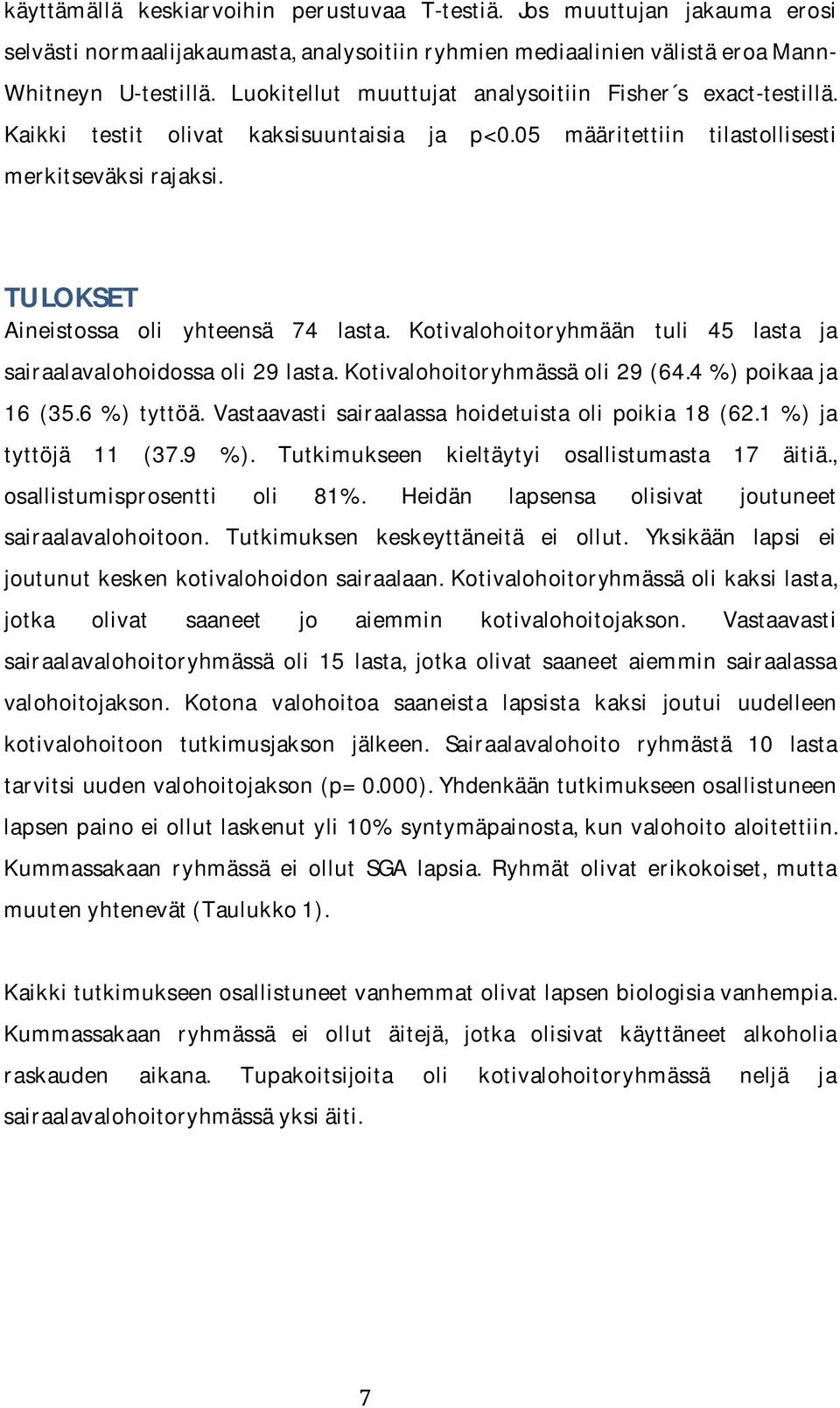 TULOKSET Aineistossa oli yhteensä 74 lasta. Kotivalohoitoryhmään tuli 45 lasta ja sairaalavalohoidossaoli29lasta.kotivalohoitoryhmässäoli29(64.4%)poikaaja 16 (35.6 %) tyttöä.