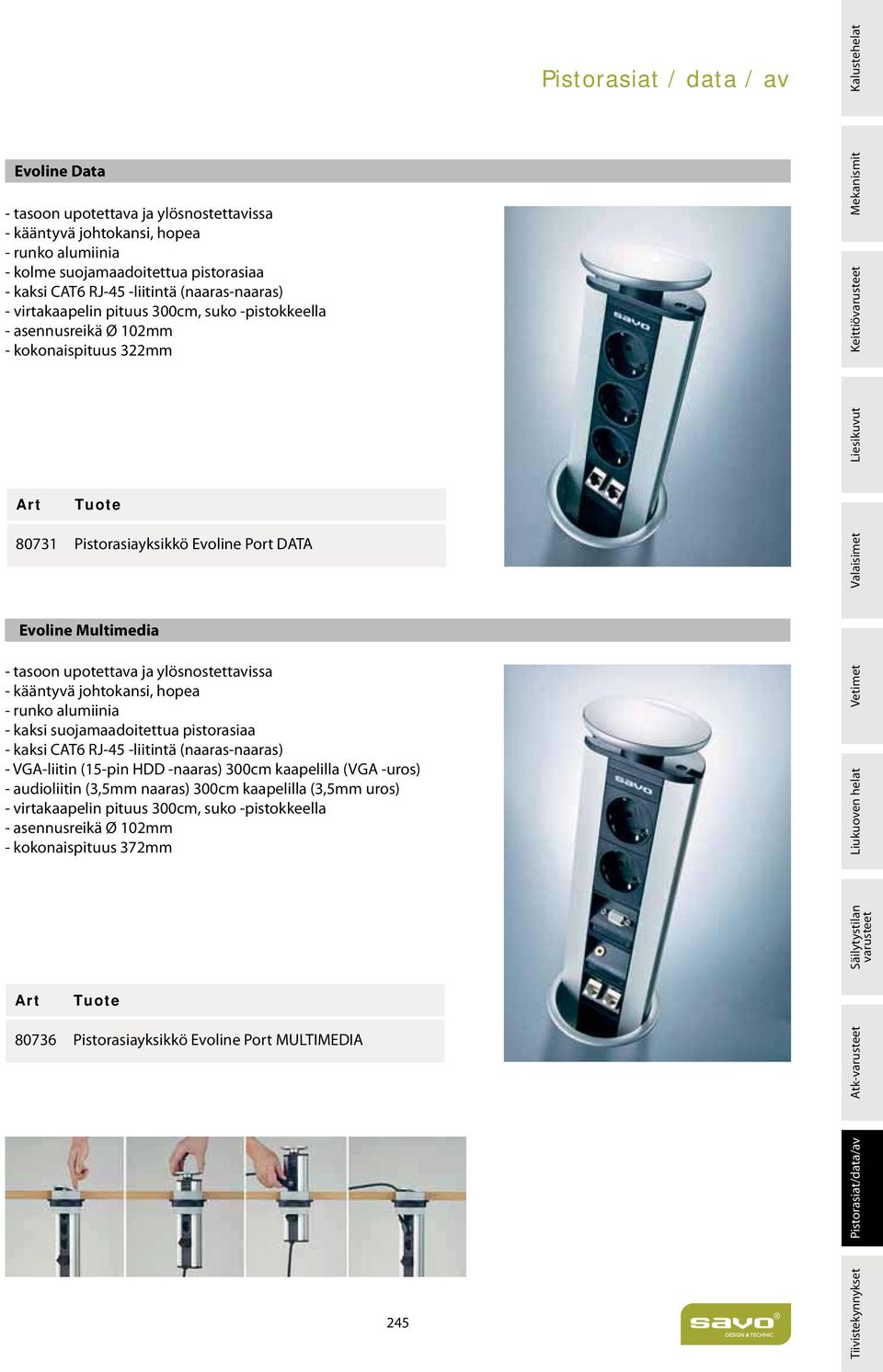 johtokansi, hopea - runko alumiinia - kaksi suojamaadoitettua pistorasiaa - kaksi CAT6 RJ-45 -liitintä (naaras-naaras) - VGA-liitin (15-pin HDD -naaras) 300cm kaapelilla (VGA -uros) - audioliitin