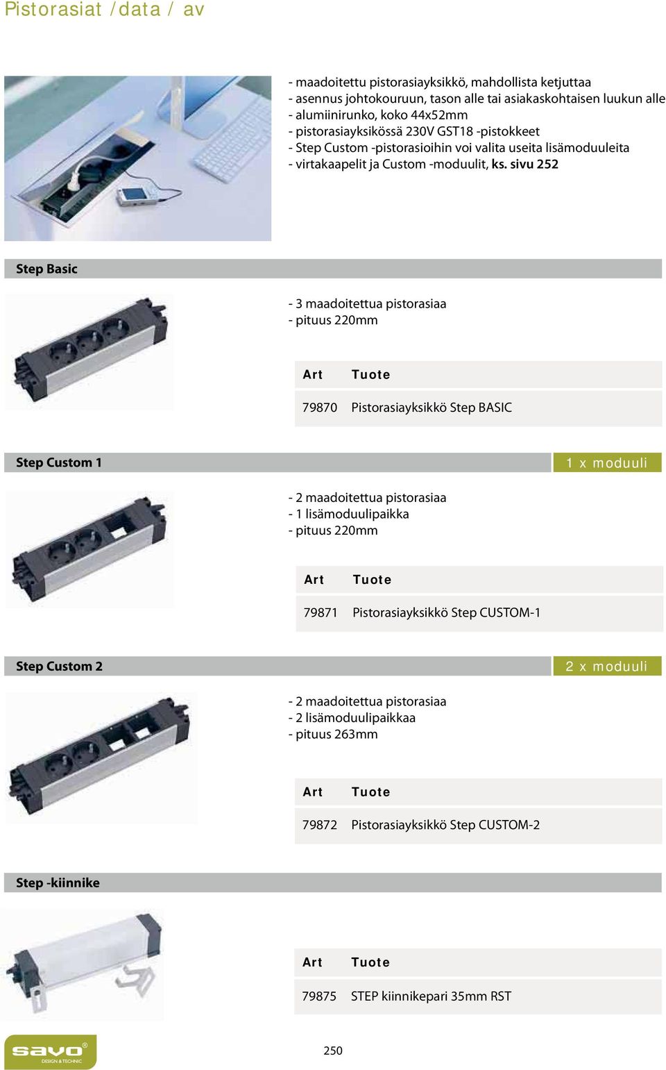 sivu 252 Step Basic - 3 maadoitettua pistorasiaa - pituus 220mm 79870 Pistorasiayksikkö Step BASIC Step Custom 1 1 x moduuli - 2 maadoitettua pistorasiaa - 1 lisämoduulipaikka -