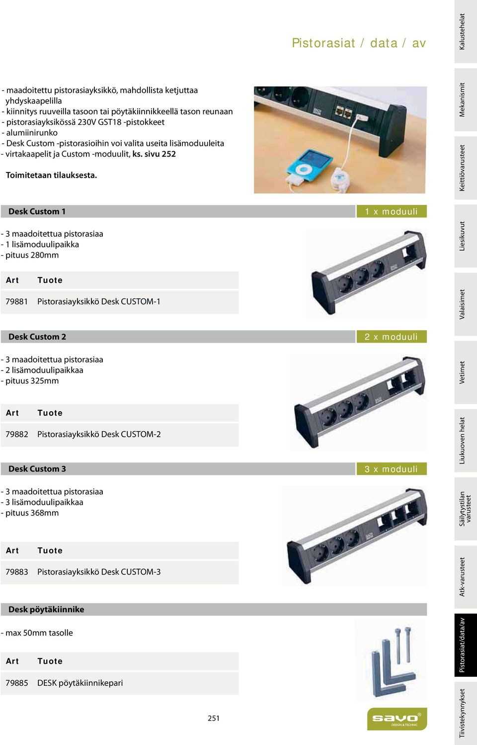 Desk Custom 1-3 maadoitettua pistorasiaa - 1 lisämoduulipaikka - pituus 280mm Desk Custom 2-3 maadoitettua pistorasiaa - 2 lisämoduulipaikkaa - pituus 325mm Desk Custom 3-3 maadoitettua pistorasiaa -