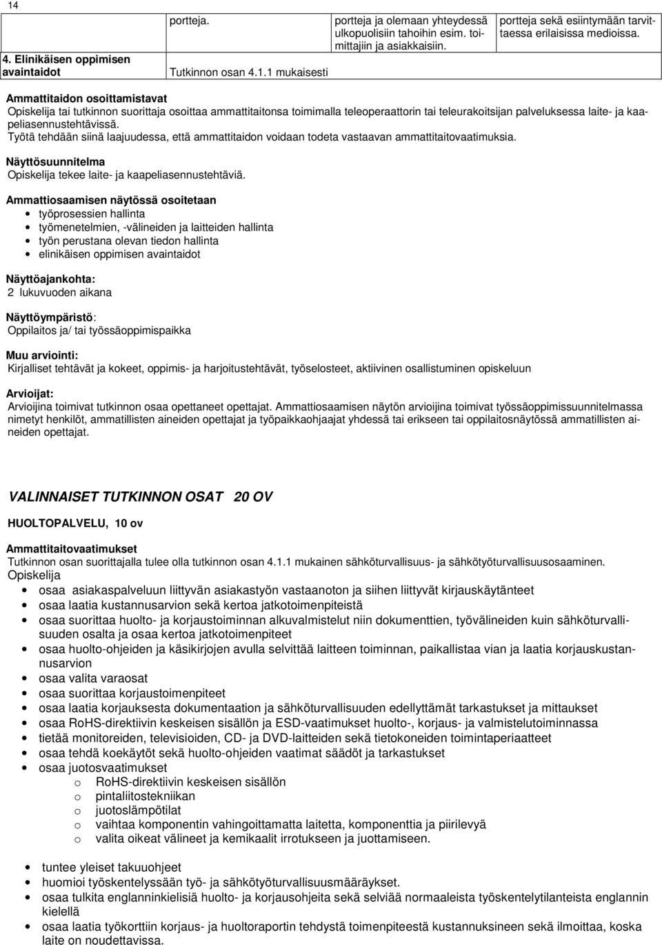 Ammattitaidon osoittamistavat tai tutkinnon suorittaja osoittaa ammattitaitonsa toimimalla teleoperaattorin tai teleurakoitsijan palveluksessa laite- ja kaapeliasennustehtävissä.