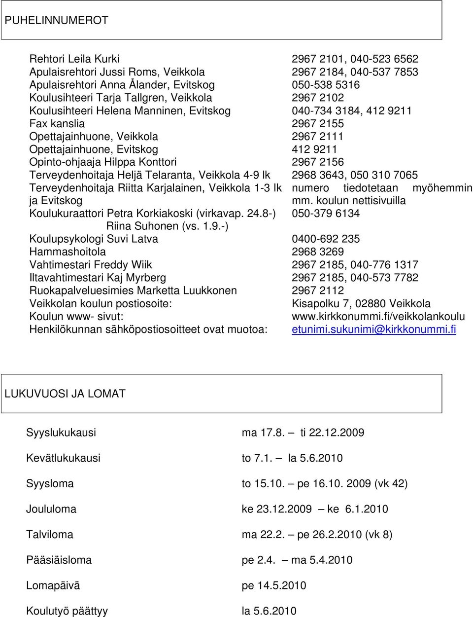Konttori 2967 2156 Terveydenhoitaja Heljä Telaranta, Veikkola 4-9 lk 2968 3643, 050 310 7065 Terveydenhoitaja Riitta Karjalainen, Veikkola 1-3 lk numero tiedotetaan myöhemmin ja Evitskog mm.