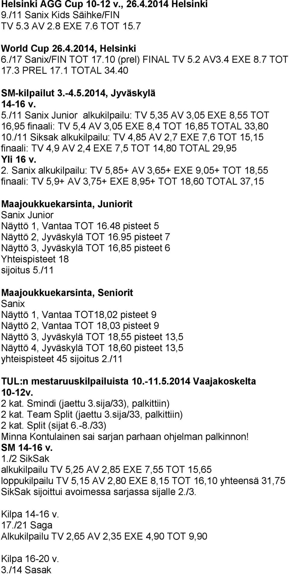 /11 Sanix Junior alkukilpailu: TV 5,35 AV 3,05 EXE 8,55 TOT 16,95 finaali: TV 5,4 AV 3,05 EXE 8,4 TOT 16,85 TOTAL 33,80 10.