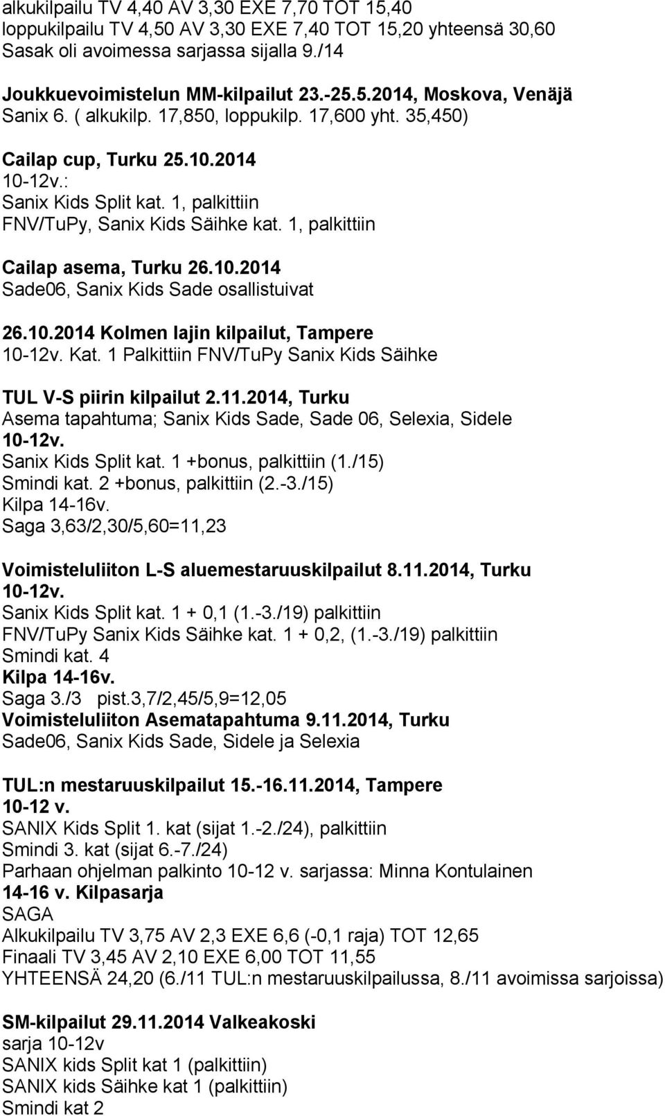 10.2014 Kolmen lajin kilpailut, Tampere 10-12v. Kat. 1 Palkittiin FNV/TuPy Sanix Kids Säihke TUL V-S piirin kilpailut 2.11.