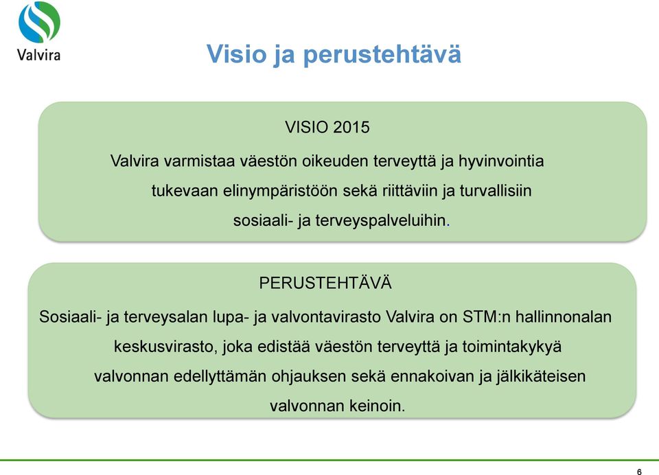 PERUSTEHTÄVÄ Sosiaali- ja terveysalan lupa- ja valvontavirasto Valvira on STM:n hallinnonalan