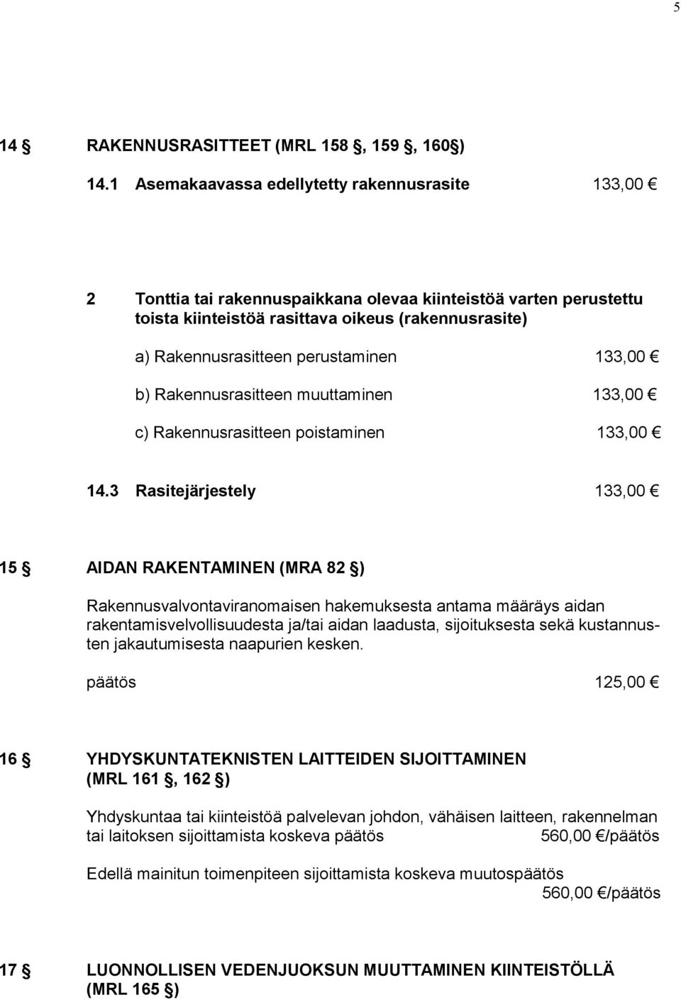 perustaminen 133,00 b) Rakennusrasitteen muuttaminen 133,00 c) Rakennusrasitteen poistaminen 133,00 14.