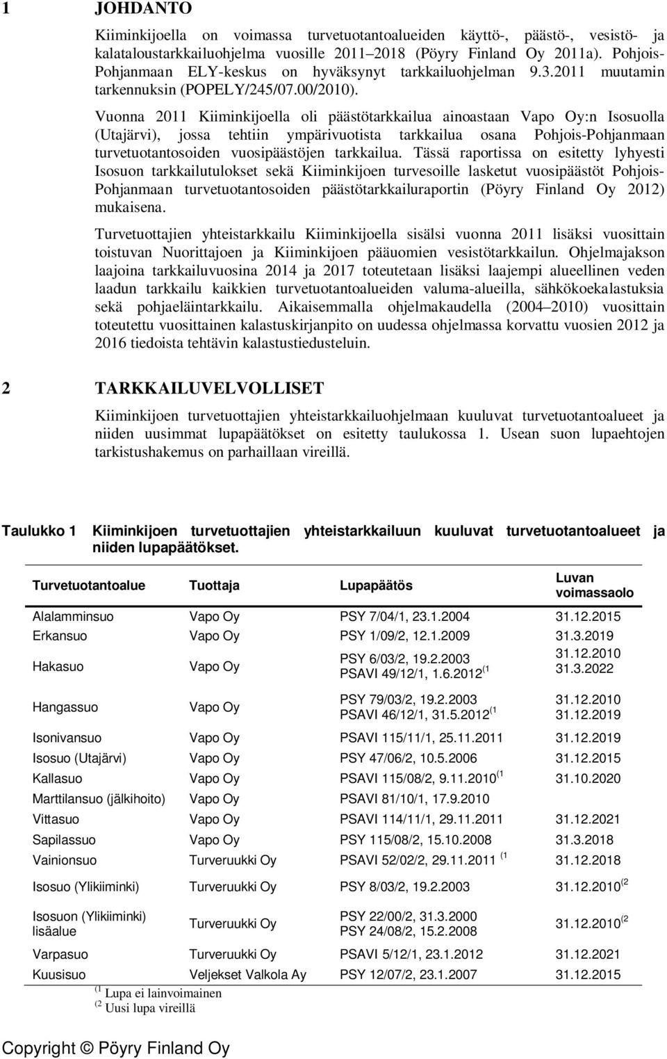 Vuonna 211 Kiiminkijoella oli päästötarkkailua ainoastaan Vapo Oy:n Isosuolla (Utajärvi), jossa tehtiin ympärivuotista tarkkailua osana Pohjois-Pohjanmaan turvetuotantosoiden vuosipäästöjen