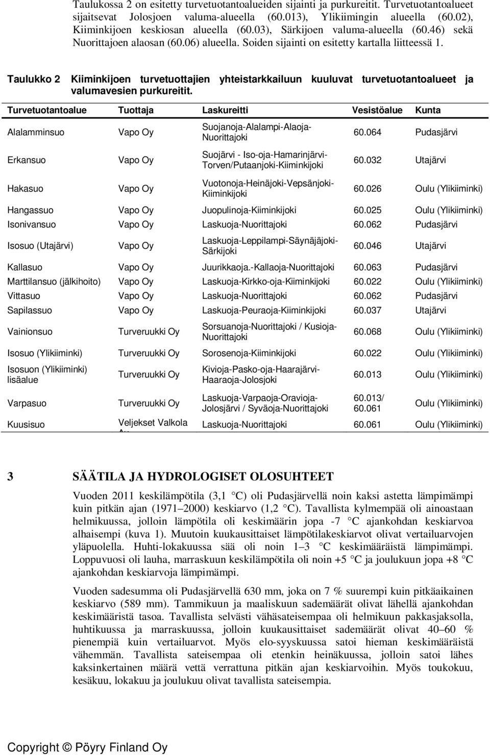 Taulukko 2 Kiiminkijoen turvetuottajien yhteistarkkailuun kuuluvat turvetuotantoalueet ja valumavesien purkureitit.