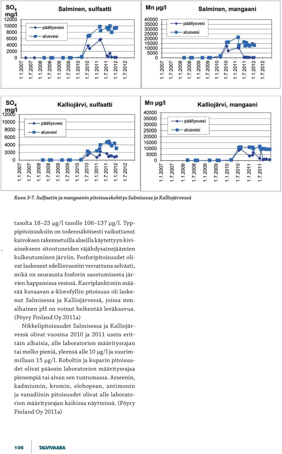 Fosforipitoisuudet olivat laskeneet edellisvuosiin verrattuna selvästi, mikä on seurausta fosforin saostumisesta järvien happamissa vesissä.