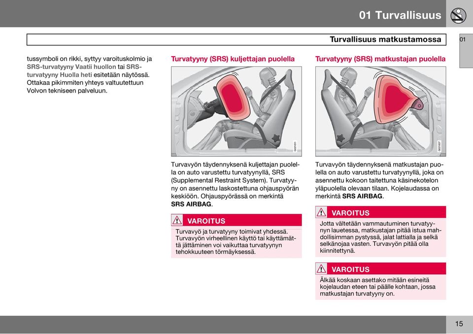 Turvatyyny (SRS) kuljettajan puolella Turvatyyny (SRS) matkustajan puolella G021011 G021837 Turvavyön täydennyksenä kuljettajan puolella on auto varustettu turvatyynyllä, SRS (Supplemental Restraint