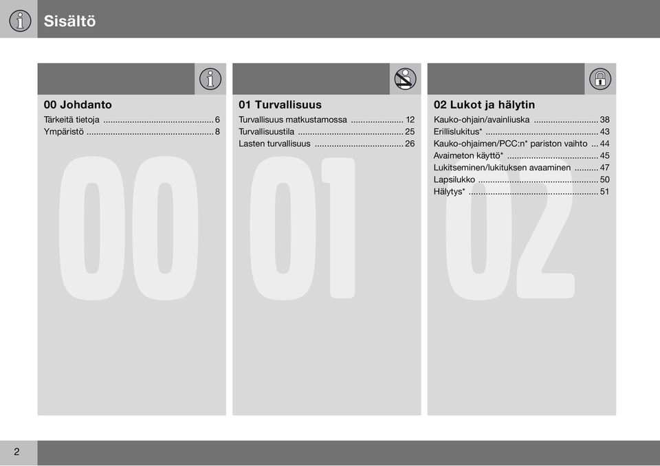 .. 26 02 Lukot ja hälytin Kauko-ohjain/avainliuska... 38 Erillislukitus*.