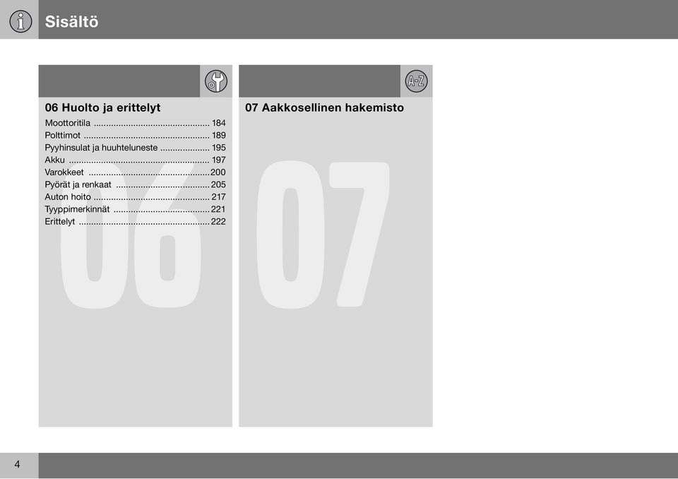 .. 197 Varokkeet...200 Pyörät ja renkaat... 205 Auton hoito.