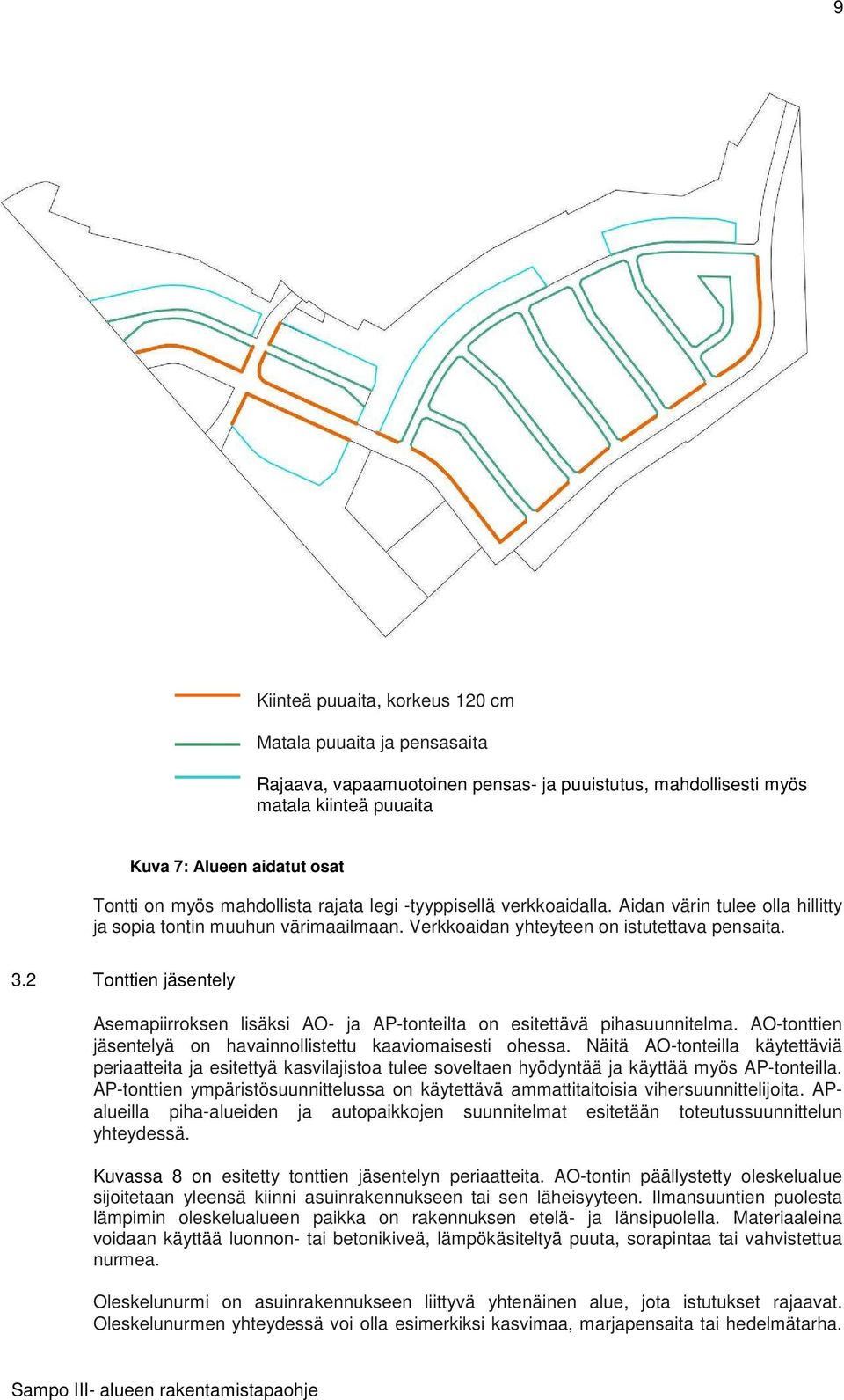 2 Tonttien jäsentely Asemapiirroksen lisäksi AO- ja AP-tonteilta on esitettävä pihasuunnitelma. AO-tonttien jäsentelyä on havainnollistettu kaaviomaisesti ohessa.