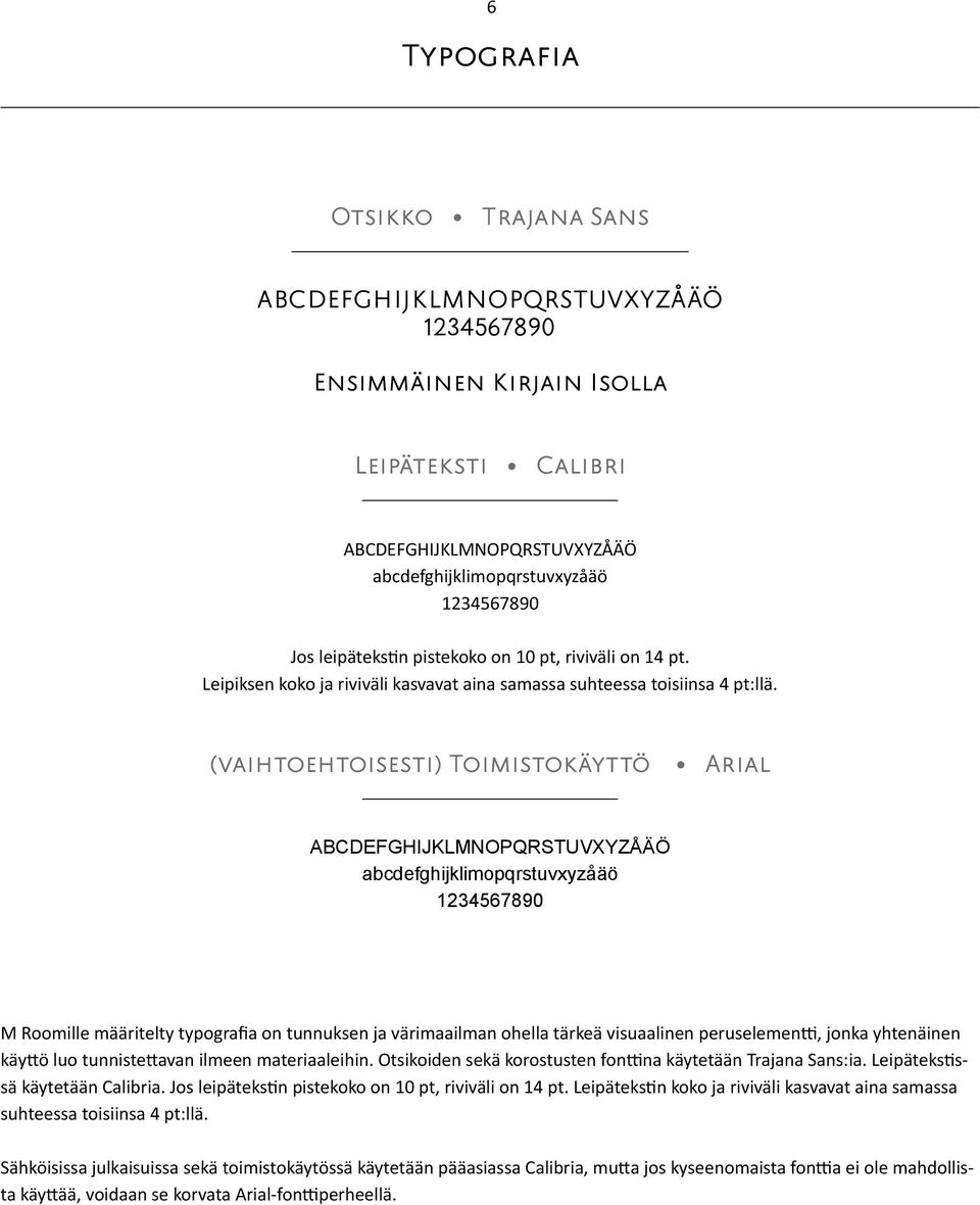 (vaihtoehtoisesti) Toimistokäyttö Arial ABCDEFGHIJKLMNOPQRSTUVXYZÅÄÖ abcdefghijklimopqrstuvxyzåäö 1234567890 M Roomille määritelty typografia on tunnuksen ja värimaailman ohella tärkeä visuaalinen