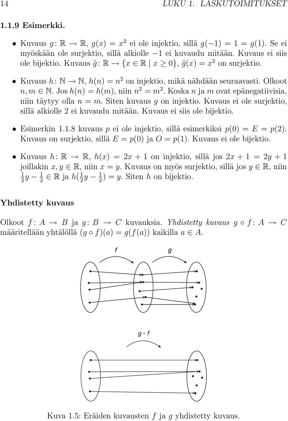 Koska n ja m ovat epänegatiivisia, niin täytyy olla n = m. Siten kuvaus g on injektio. Kuvaus ei ole surjektio, sillä alkiolle 2 ei kuvaudu mitään. Kuvaus ei siis ole bĳektio. Esimerkin 1.