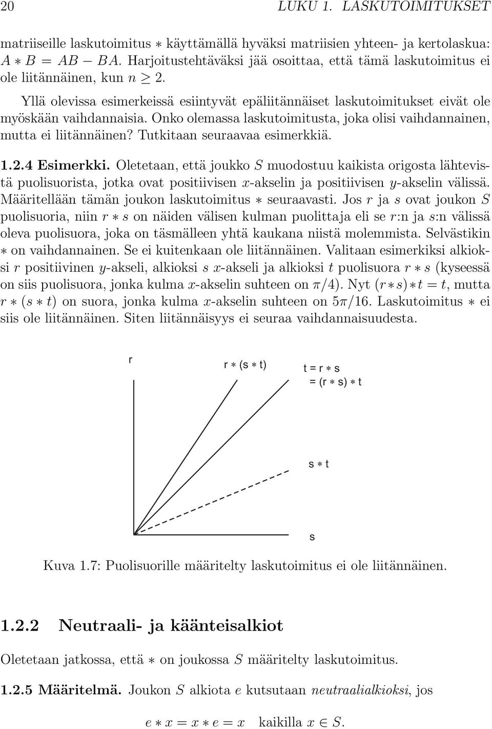 Onko olemassa laskutoimitusta, joka olisi vaihdannainen, mutta ei liitännäinen? Tutkitaan seuraavaa esimerkkiä. 1.2.4 Esimerkki.