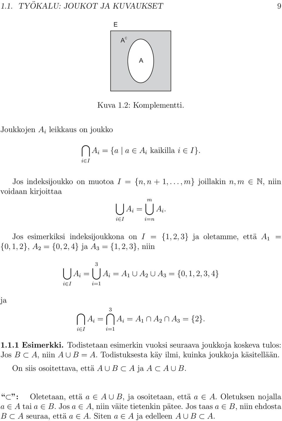 i I Jos esimerkiksi indeksĳoukkona on I = {1, 2, 3} ja oletamme, että A 1 = {0, 1, 2}, A 2 = {0, 2, 4} ja A 3 = {1, 2, 3}, niin A i = i I i=n 3 A i = A 1 A 2 A 3 = {0, 1, 2, 3, 4} i=1 ja 3 A i = A i