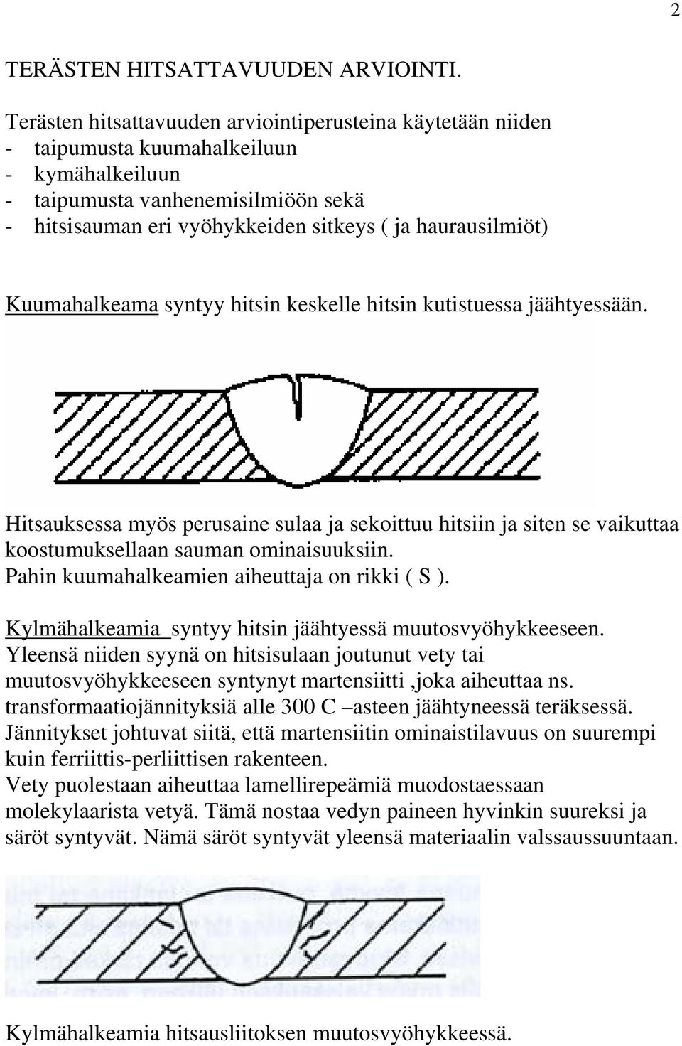 haurausilmiöt) Kuumahalkeama syntyy hitsin keskelle hitsin kutistuessa jäähtyessään.