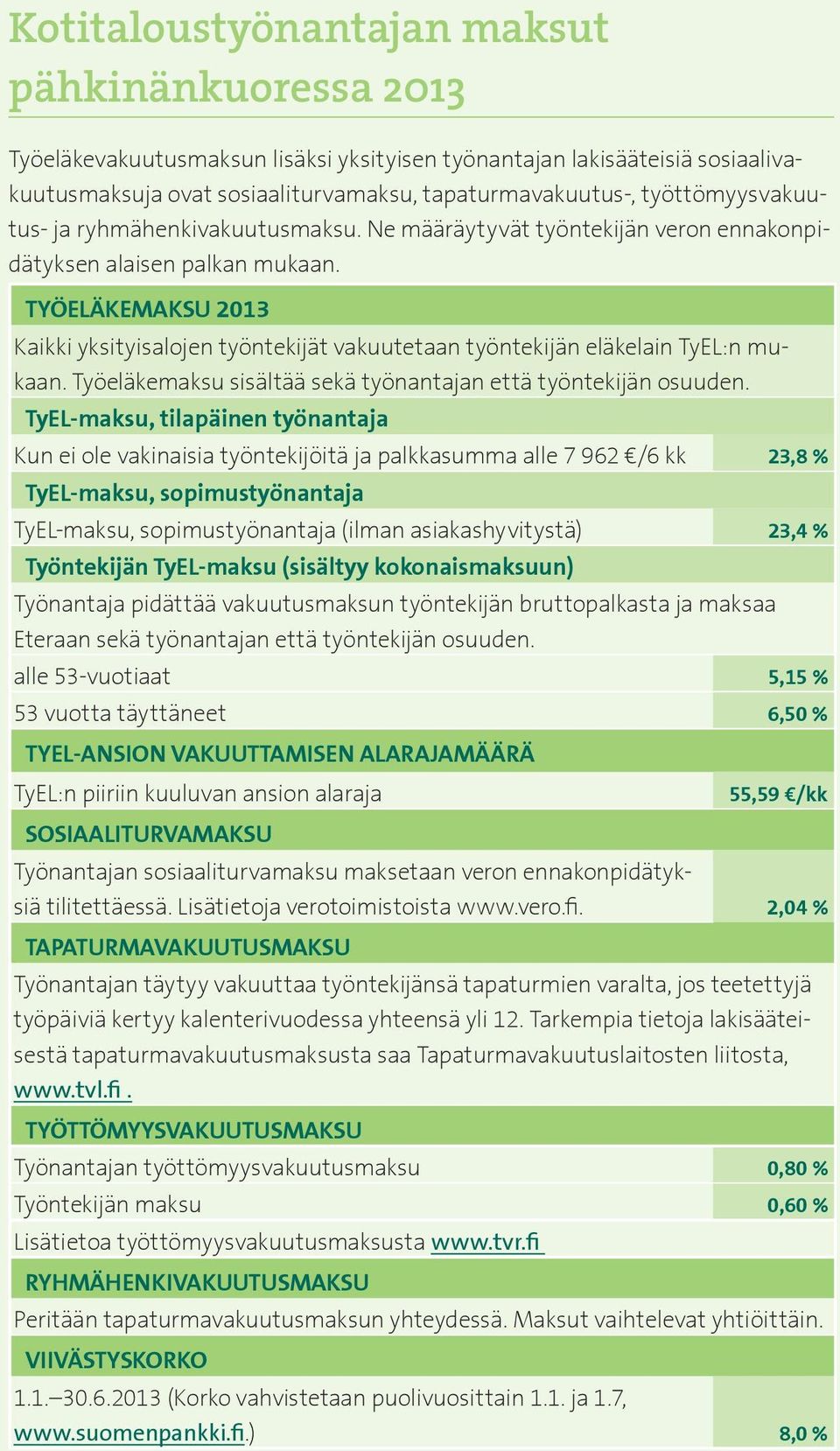 TYÖELÄKEMAKSU 2013 Kaikki yksityisalojen työntekijät vakuutetaan työntekijän eläkelain TyEL:n mukaan. Työeläkemaksu sisältää sekä työnantajan että työntekijän osuuden.