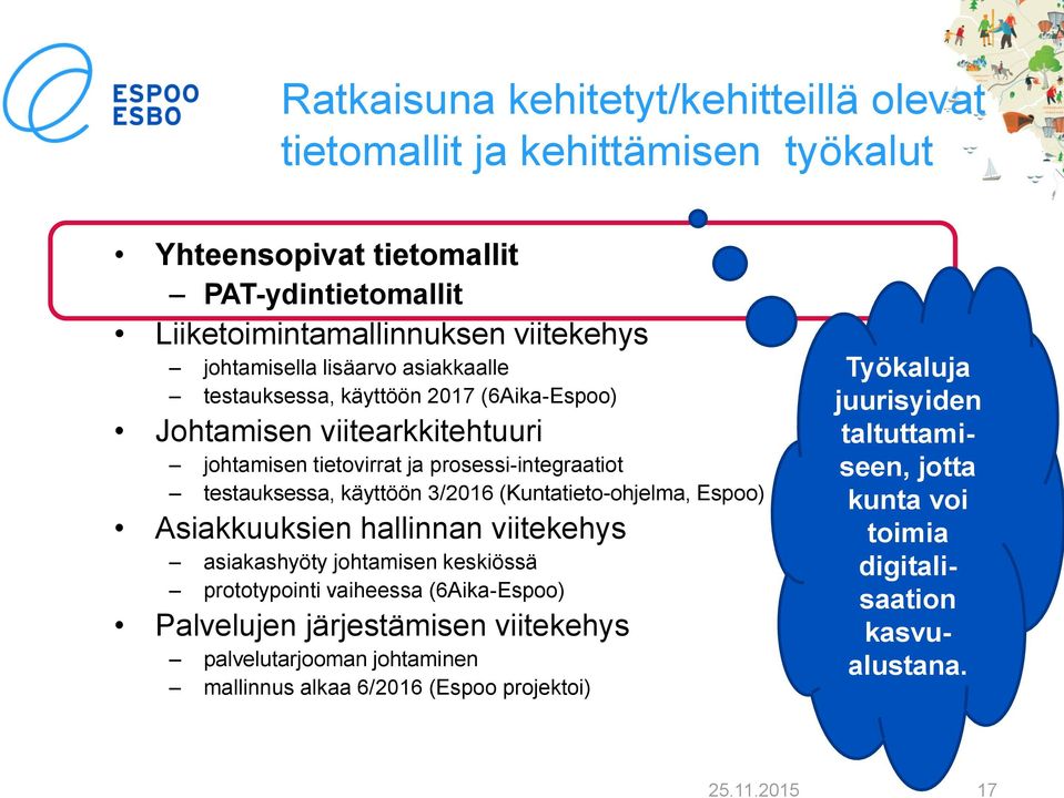 (Kuntatieto-ohjelma, Espoo) Asiakkuuksien hallinnan viitekehys asiakashyöty johtamisen keskiössä prototypointi vaiheessa (6Aika-Espoo) Palvelujen järjestämisen viitekehys