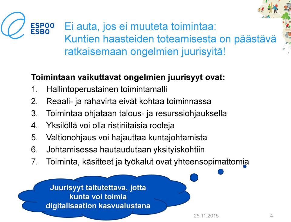 Toimintaa ohjataan talous- ja resurssiohjauksella 4. Yksilöllä voi olla ristiriitaisia rooleja 5. Valtionohjaus voi hajauttaa kuntajohtamista 6.