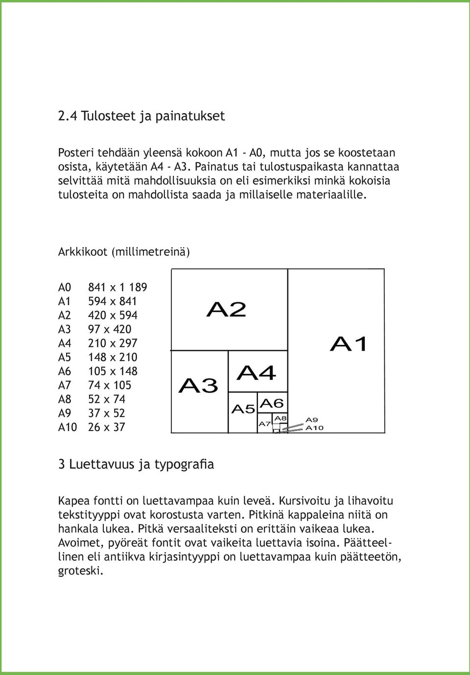 Arkkikoot (millimetreinä) A0 841 x 1 189 A1 594 x 841 A2 420 x 594 A3 97 x 420 A4 210 x 297 A5 148 x 210 A6 105 x 148 A7 74 x 105 A8 52 x 74 A9 37 x 52 A10 26 x 37 3 Luettavuus ja typografia Kapea