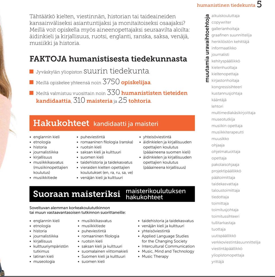 FAKTOJA humanistisesta tiedekunnasta Jyväskylän yliopiston suurin tiedekunta. Meillä opiskelee yhteensä noin 3750 opiskelijaa.