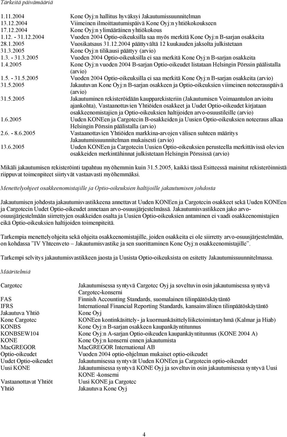 3. - 31.3.2005 Vuoden 2004 Optio-oikeuksilla ei saa merkitä Kone Oyj:n B-sarjan osakkeita 1.4.2005 Kone Oyj:n vuoden 2004 B-sarjan Optio-oikeudet listataan Helsingin Pörssin päälistalla (arvio) 1.5. - 31.5.2005 Vuoden 2004 Optio-oikeuksilla ei saa merkitä Kone Oyj:n B-sarjan osakkeita (arvio) 31.
