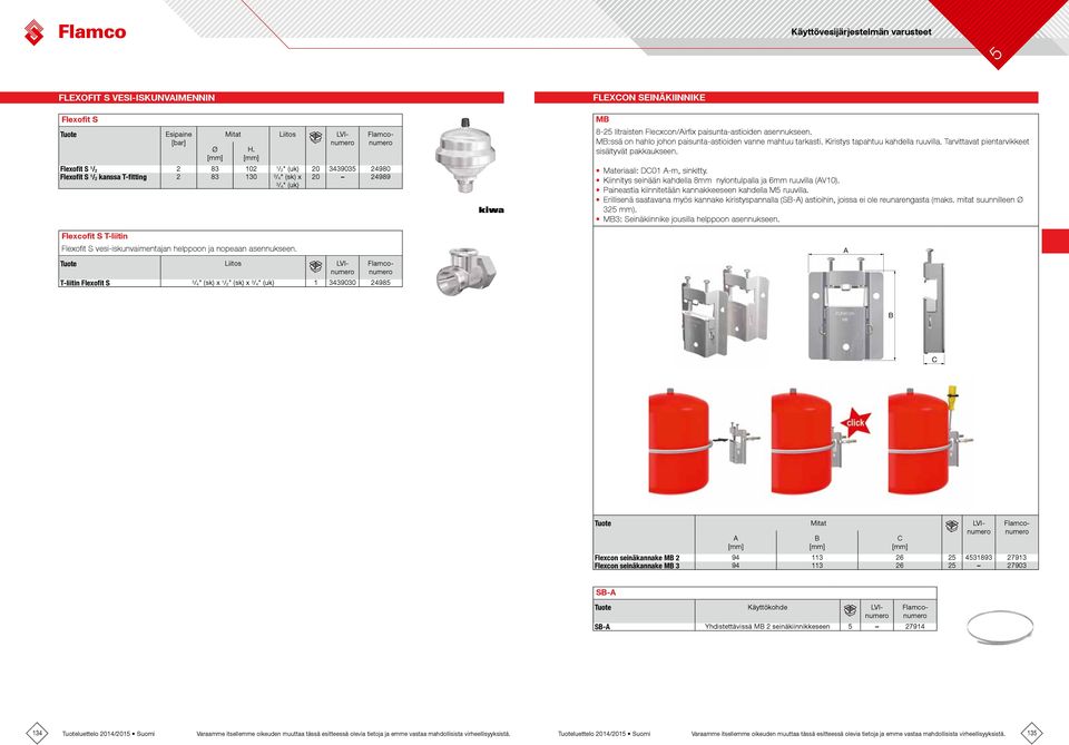 ja nopeaan asennukseen. Tuote Liitos LVInumero T-liitin Flexofit S 3 / 4" x 1 / 2" x 3 / 4" (uk) 1 3439030 2498 Flexcon seinäkiinnike MB 8-2 litraisten Flecxcon/Airfix paisunta-astioiden asennukseen.